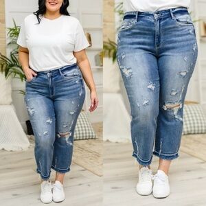 Judy Blue Harley Straight Leg Distressed Hem High Rise Jeans Sz. 14W